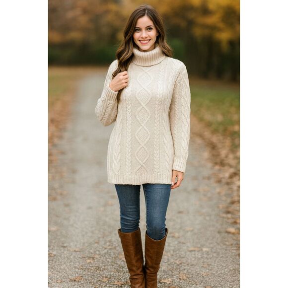 Eddie Bauer Wool Blend Cable Knit Turtleneck Sweater Ivory Women’s Size M - Picture 1 of 11